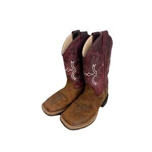 Old West Kids Cowboy Boots Brown Burgundy Leather Youth Size 12 D Square Toe